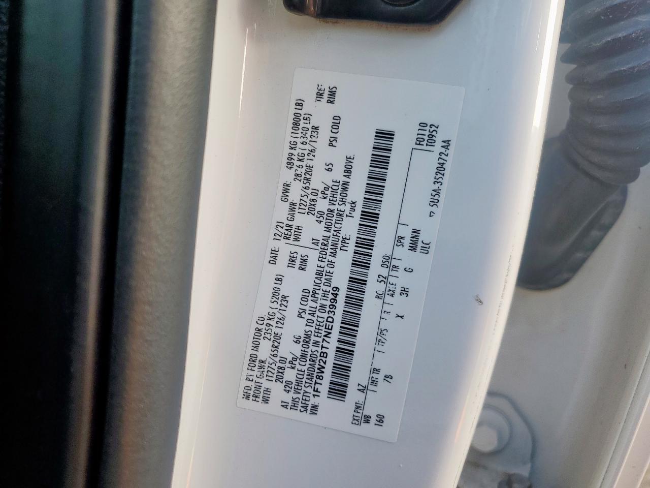 2022 Ford F250 Super Duty VIN: 1FT8W2BT7NED39949 Lot: 86186495