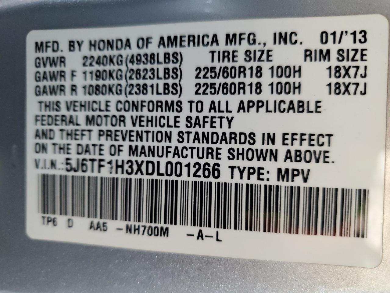 2013 Honda Crosstour Ex VIN: 5J6TF1H3XDL001266 Lot: 85396995