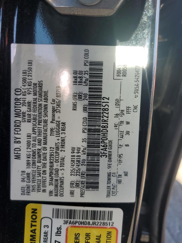 2018 Ford Fusion Se VIN: 3FA6P0HD8JR228512 Lot: 85918175