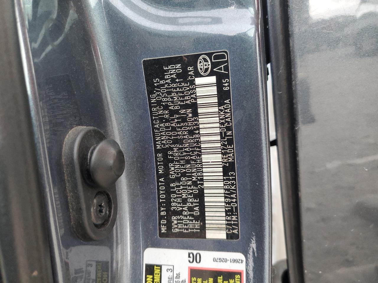 2015 Toyota Corolla L VIN: 2T1BURHE7FC384133 Lot: 84873225