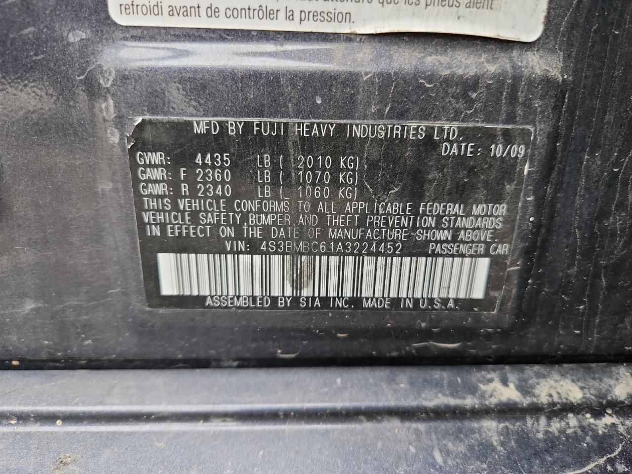 2010 Subaru Legacy 2.5I Premium VIN: 4S3BMBC61A3224452 Lot: 82456025