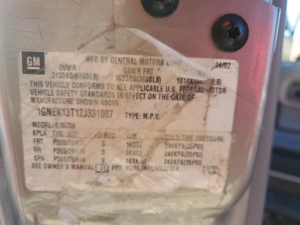 2002 Chevrolet Tahoe K1500 VIN: 1GNEK13T12J331007 Lot: 85279965