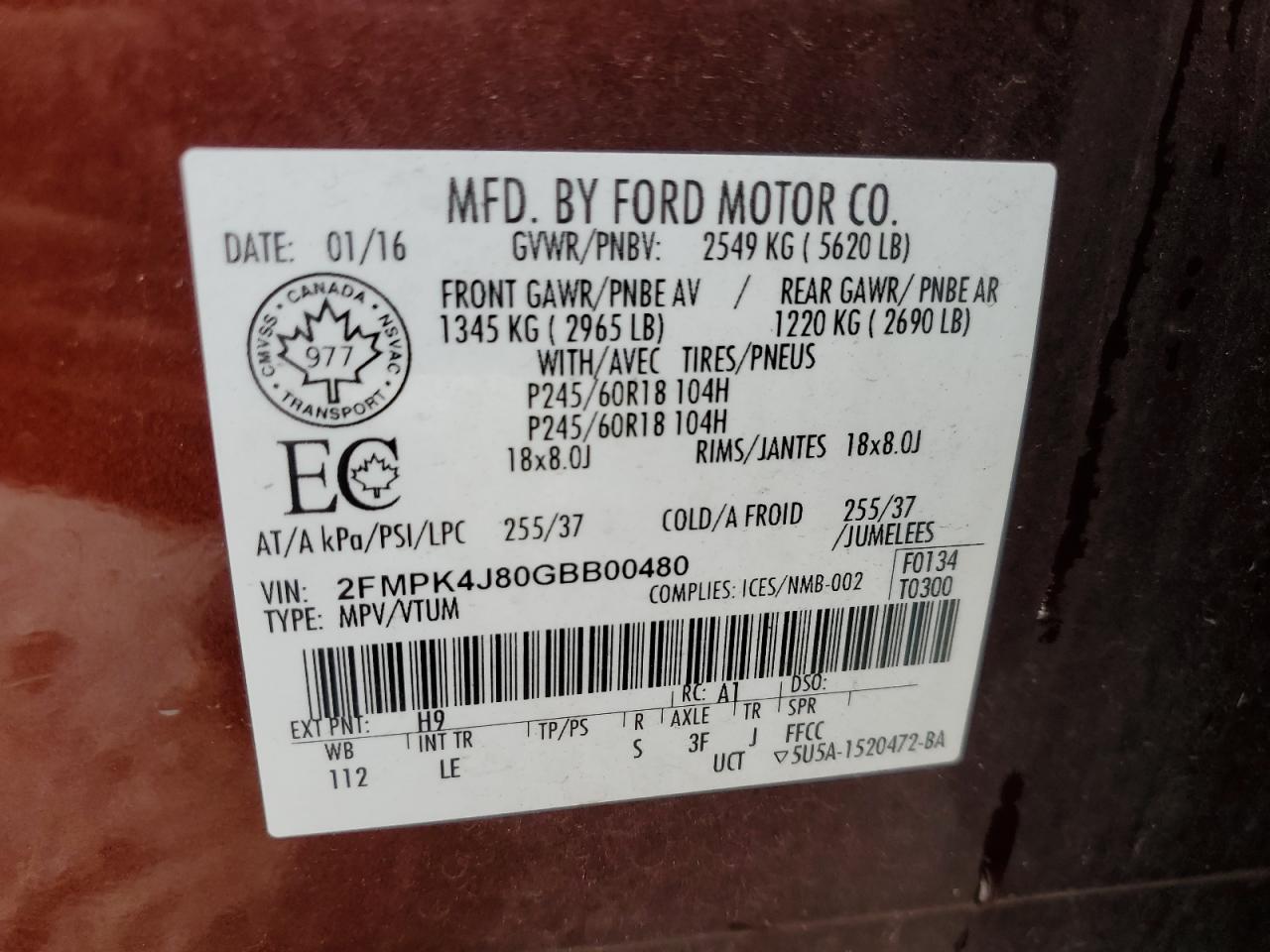 2016 Ford Edge Sel VIN: 2FMPK4J80GBB00480 Lot: 86828825