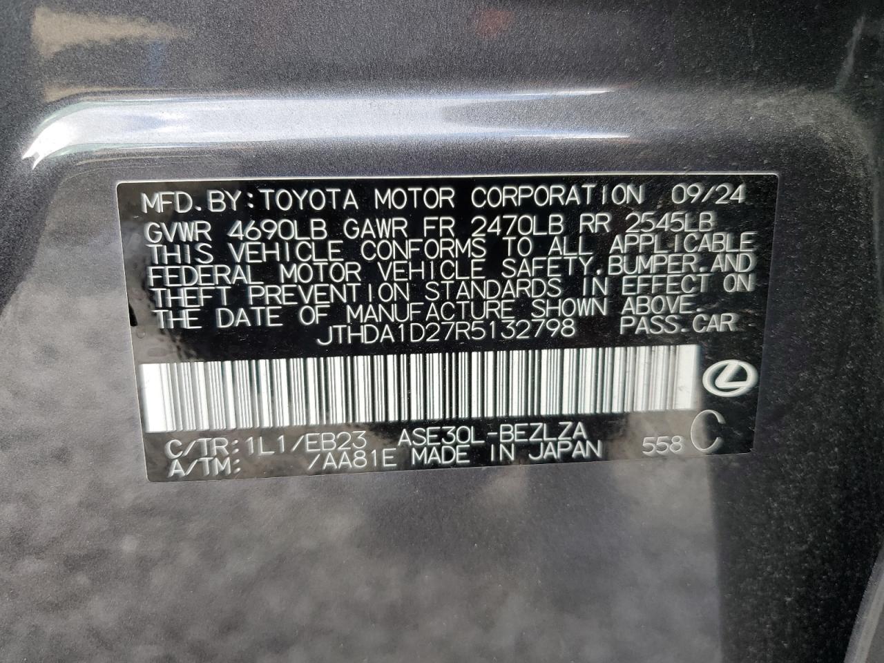 2024 Lexus Is 300 VIN: JTHDA1D27R5132798 Lot: 85133885