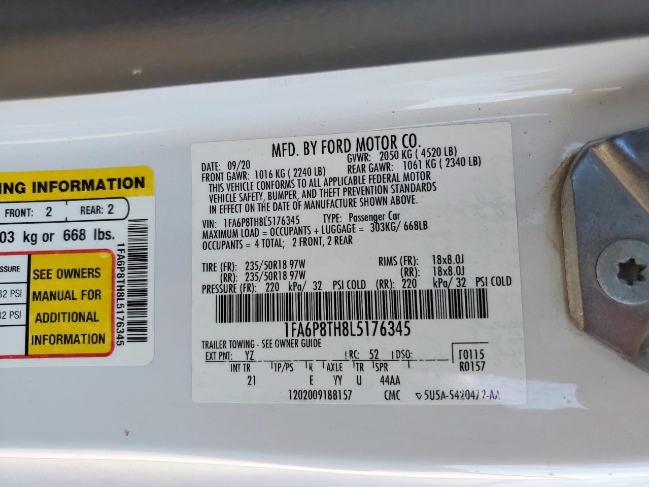 2020 Ford Mustang VIN: 1FA6P8TH8L5176345 Lot: 84782565
