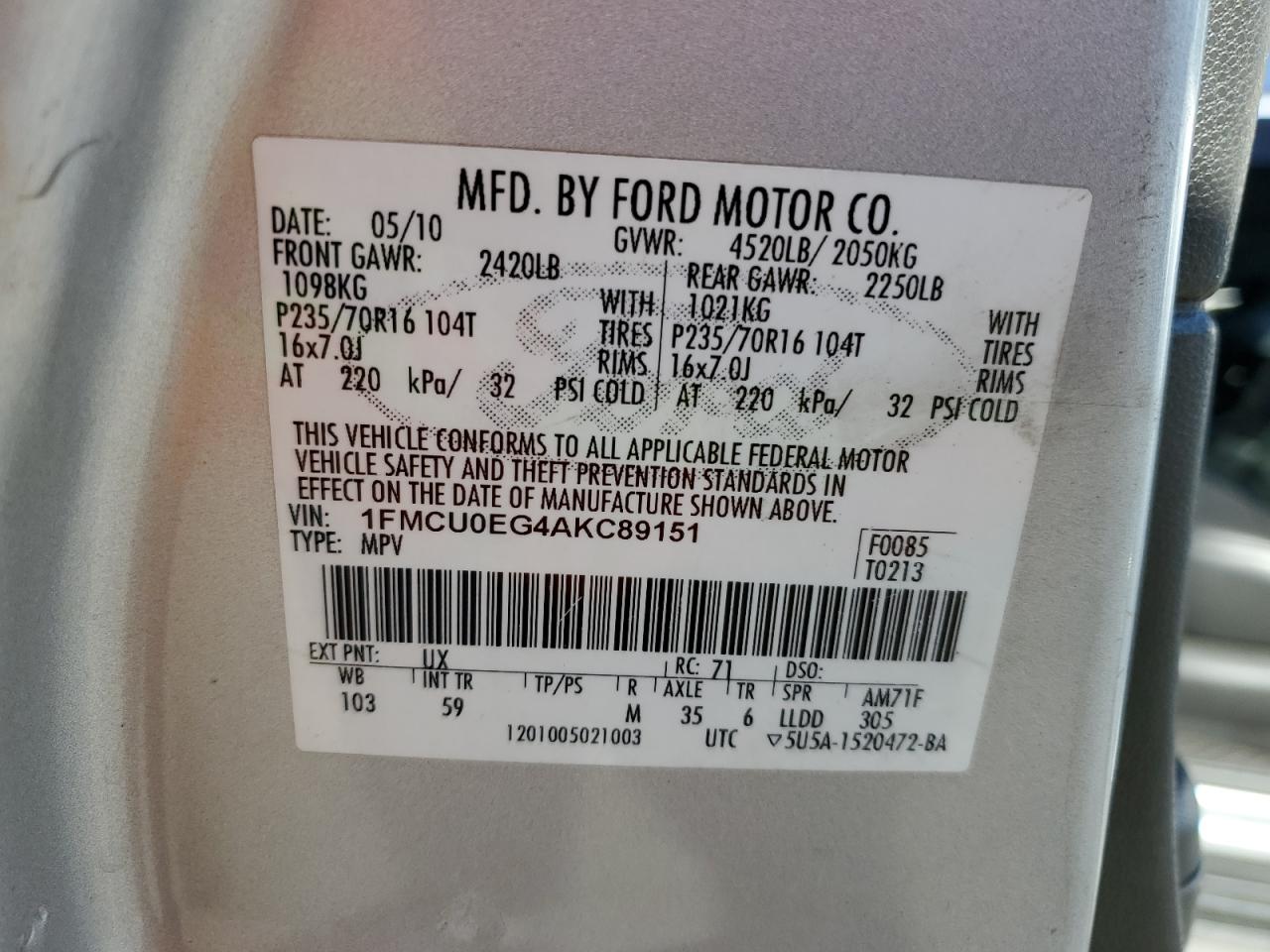 2010 Ford Escape Limited VIN: 1FMCU0EG4AKC89151 Lot: 82397405