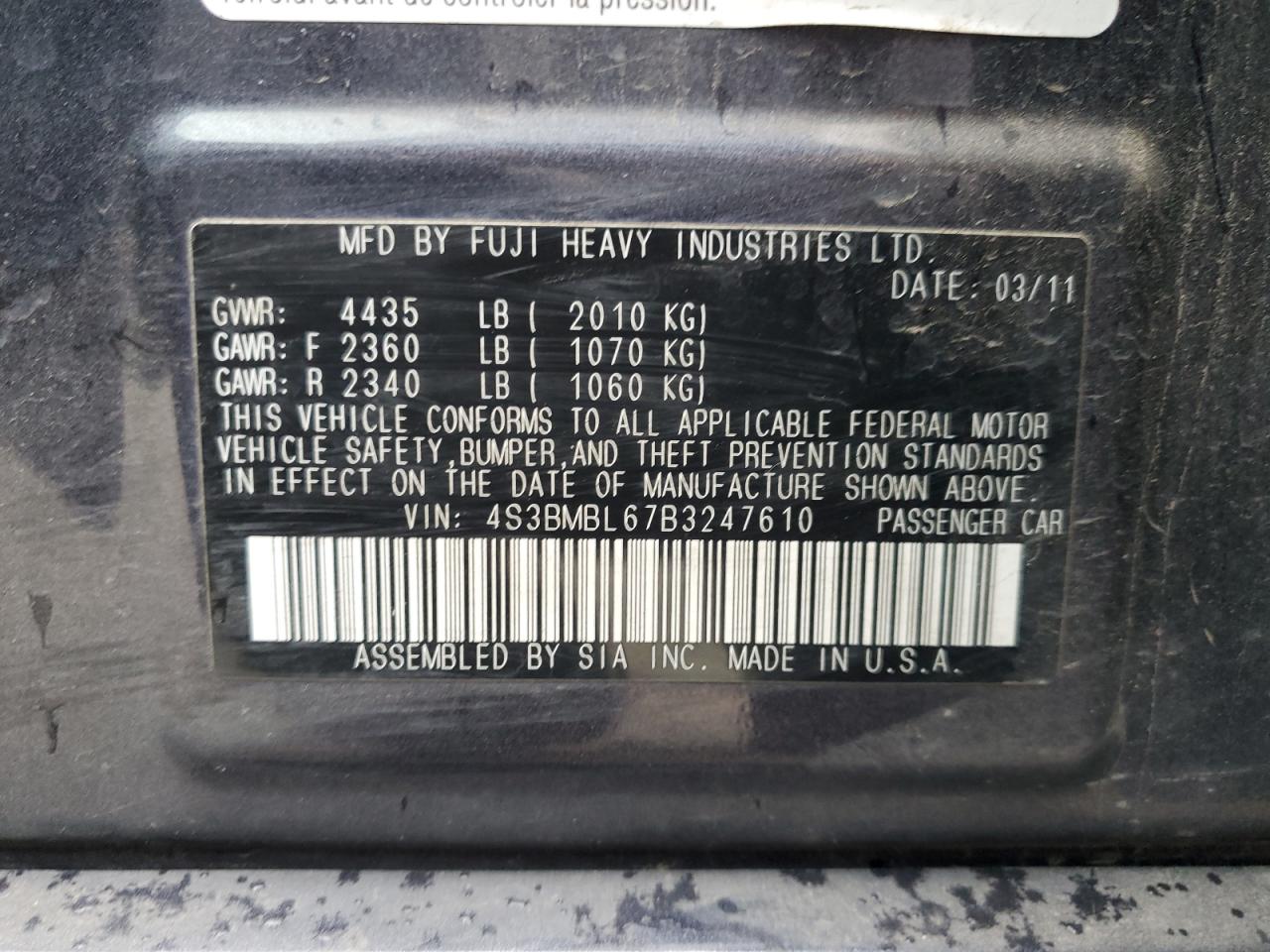 2011 Subaru Legacy 2.5I Limited VIN: 4S3BMBL67B3247610 Lot: 84705185