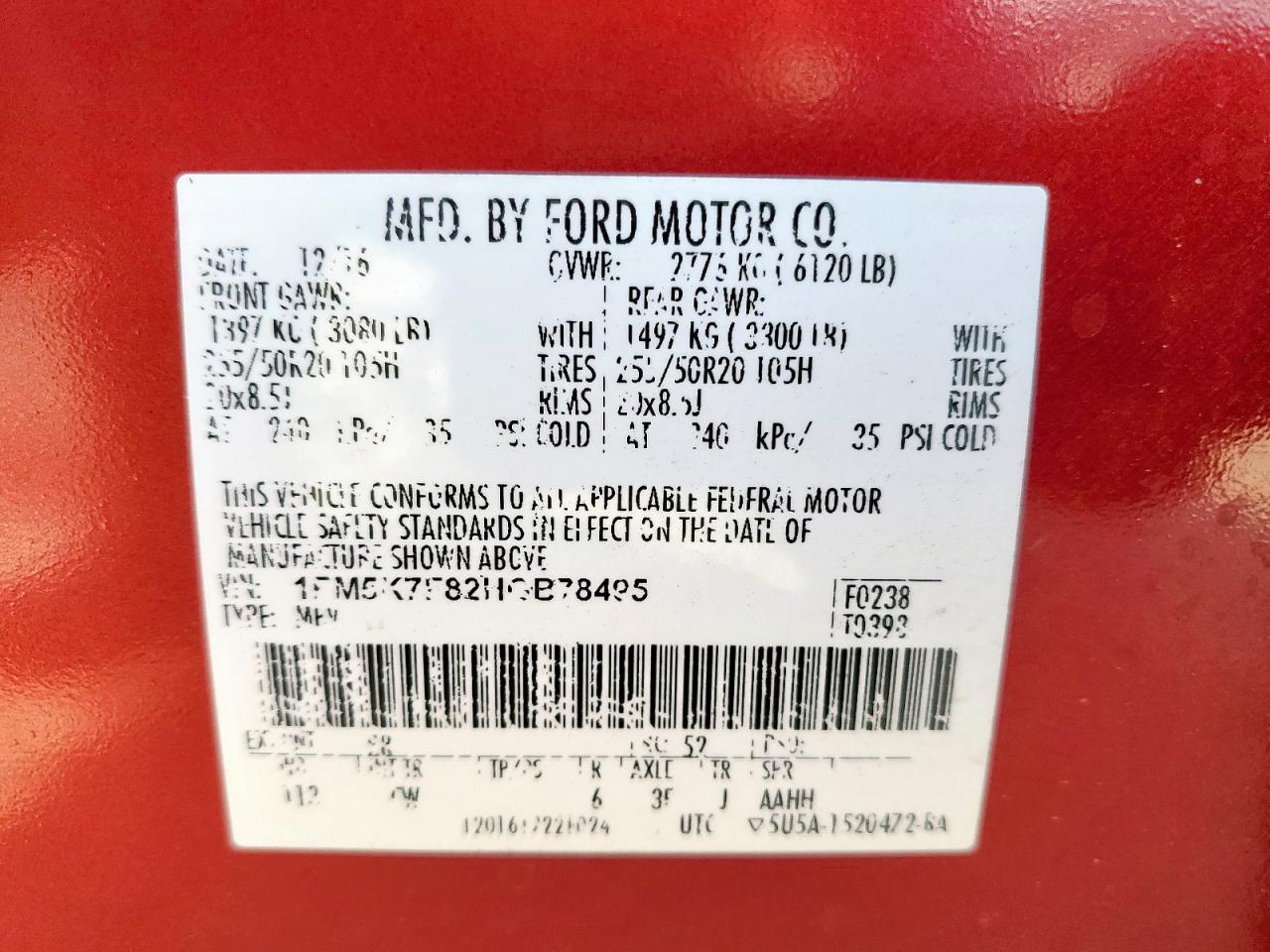 2017 Ford Explorer Limited VIN: 1FM5K7F82HGB78495 Lot: 85602395