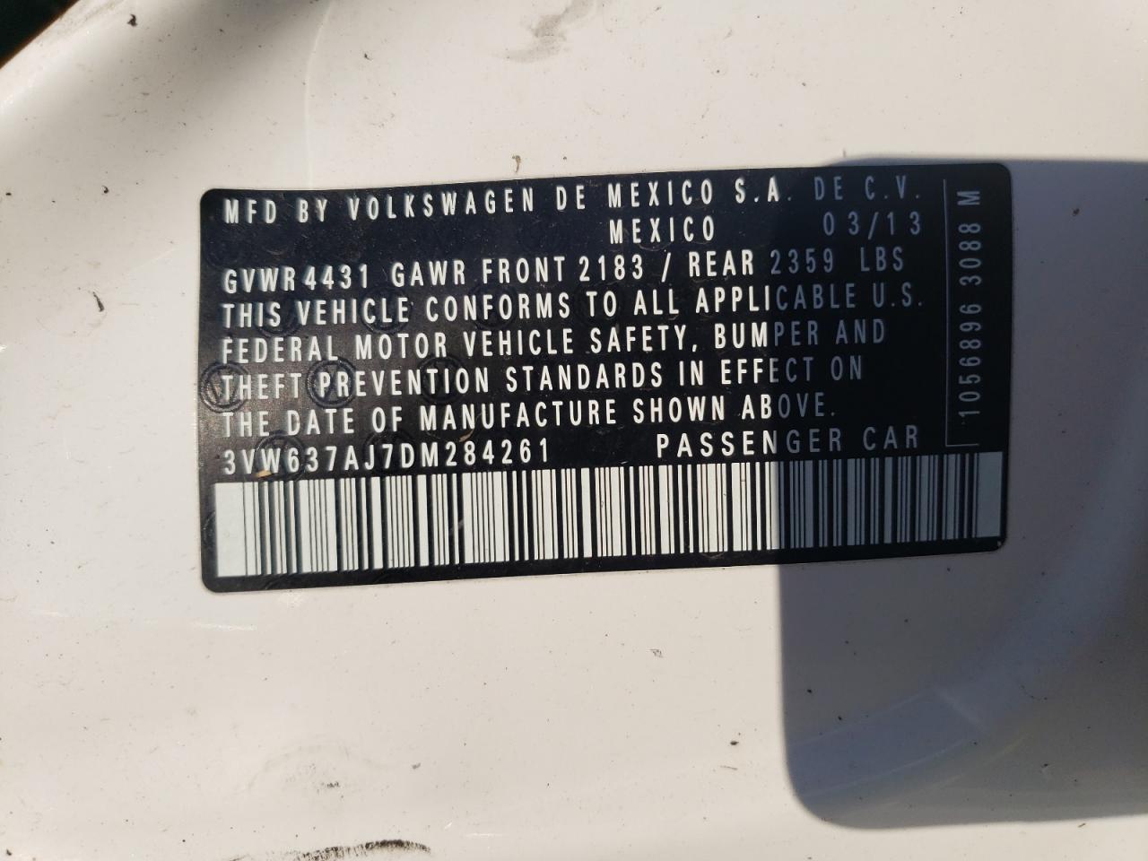 2013 Volkswagen Jetta Hybrid VIN: 3VW637AJ7DM284261 Lot: 85126445