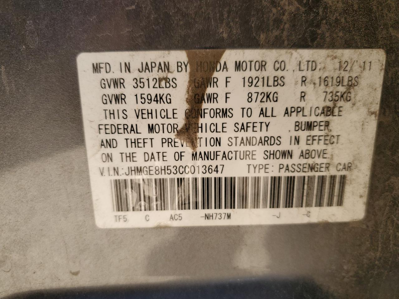 2012 Honda Fit Sport VIN: JHMGE8H53CC013647 Lot: 87378015