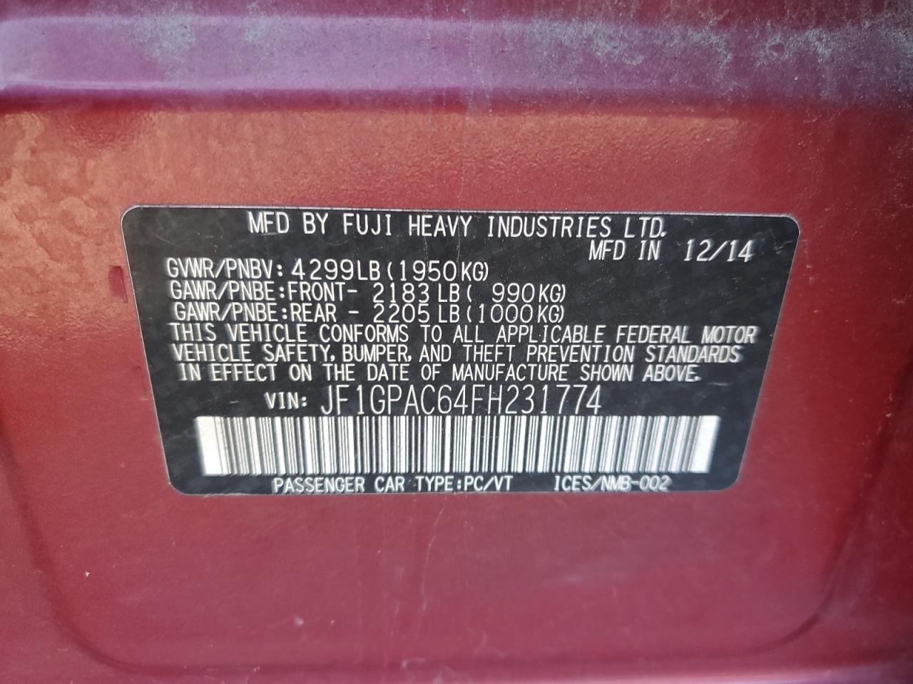 2015 Subaru Impreza Premium VIN: JF1GPAC64FH231774 Lot: 85330415