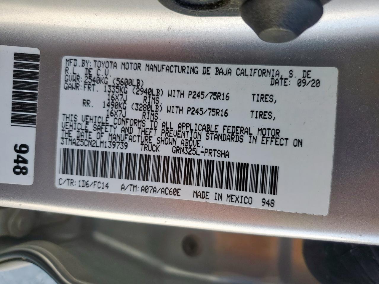 2020 Toyota Tacoma Double Cab VIN: 3TMAZ5CN2LM139739 Lot: 85836895