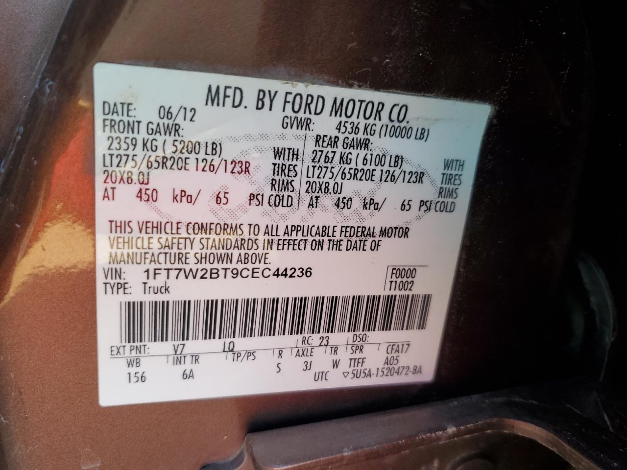 2012 Ford F250 Super Duty VIN: 1FT7W2BT9CEC44236 Lot: 87268205