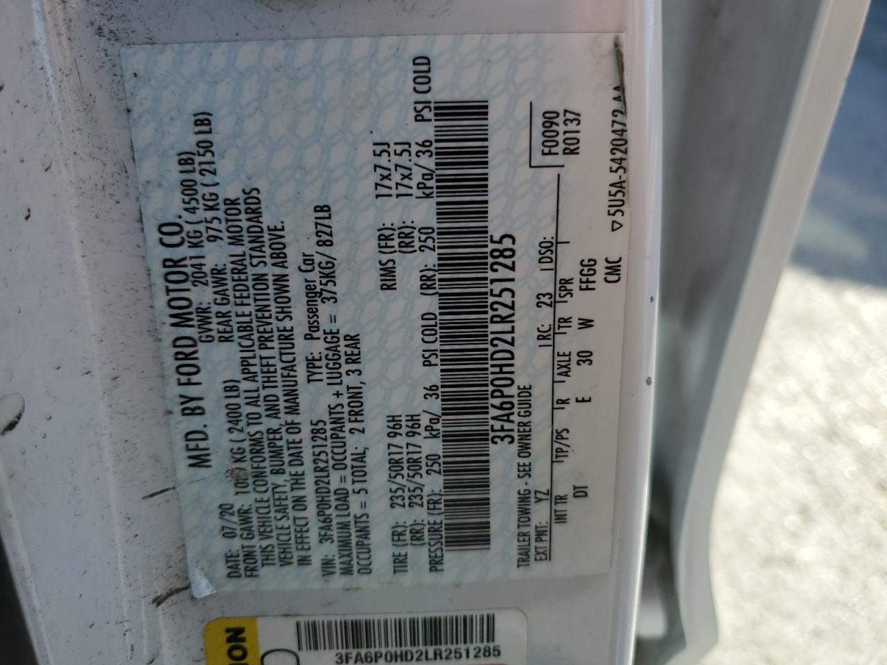 2020 Ford Fusion Se VIN: 3FA6P0HD2LR251285 Lot: 87306875