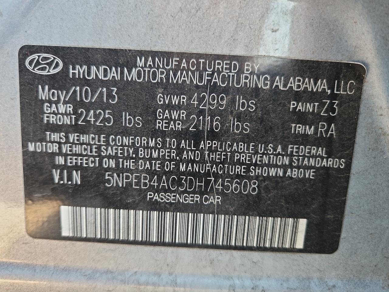 2013 Hyundai Sonata Gls VIN: 5NPEB4AC3DH745608 Lot: 82635305