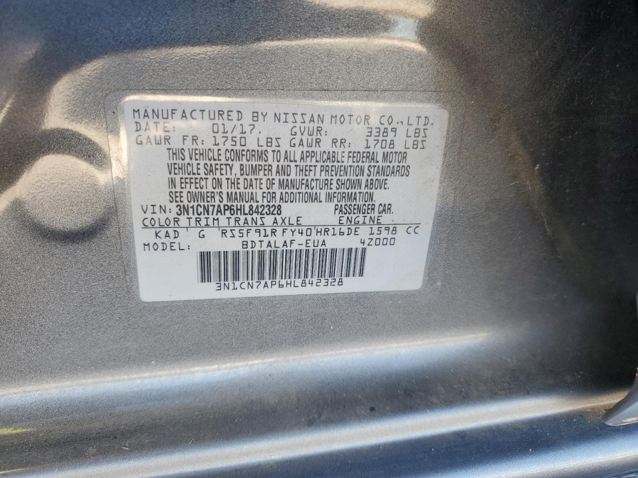 2017 Nissan Versa S VIN: 3N1CN7AP6HL842328 Lot: 82548795