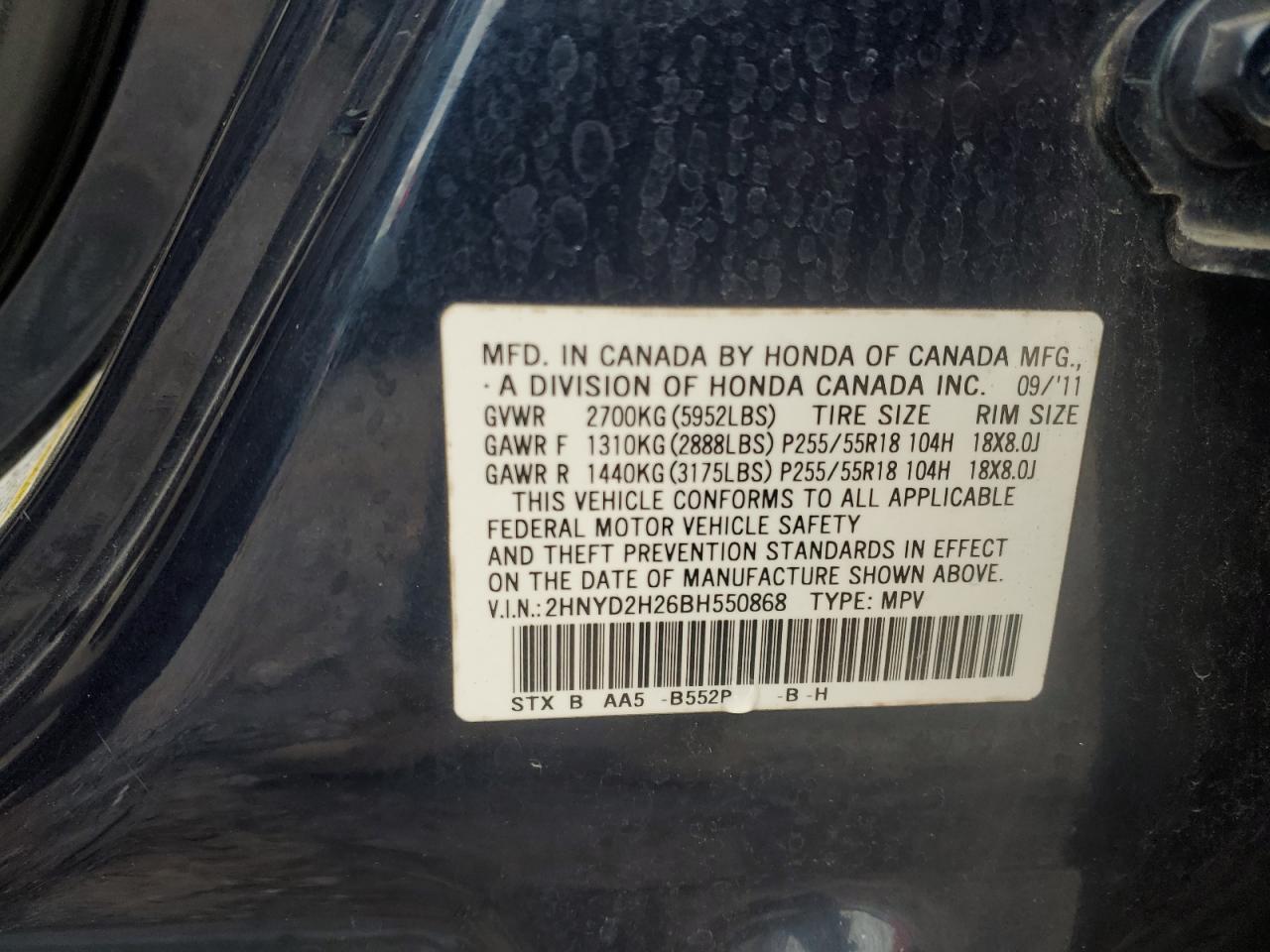 2011 Acura Mdx VIN: 2HNYD2H26BH550868 Lot: 85699175