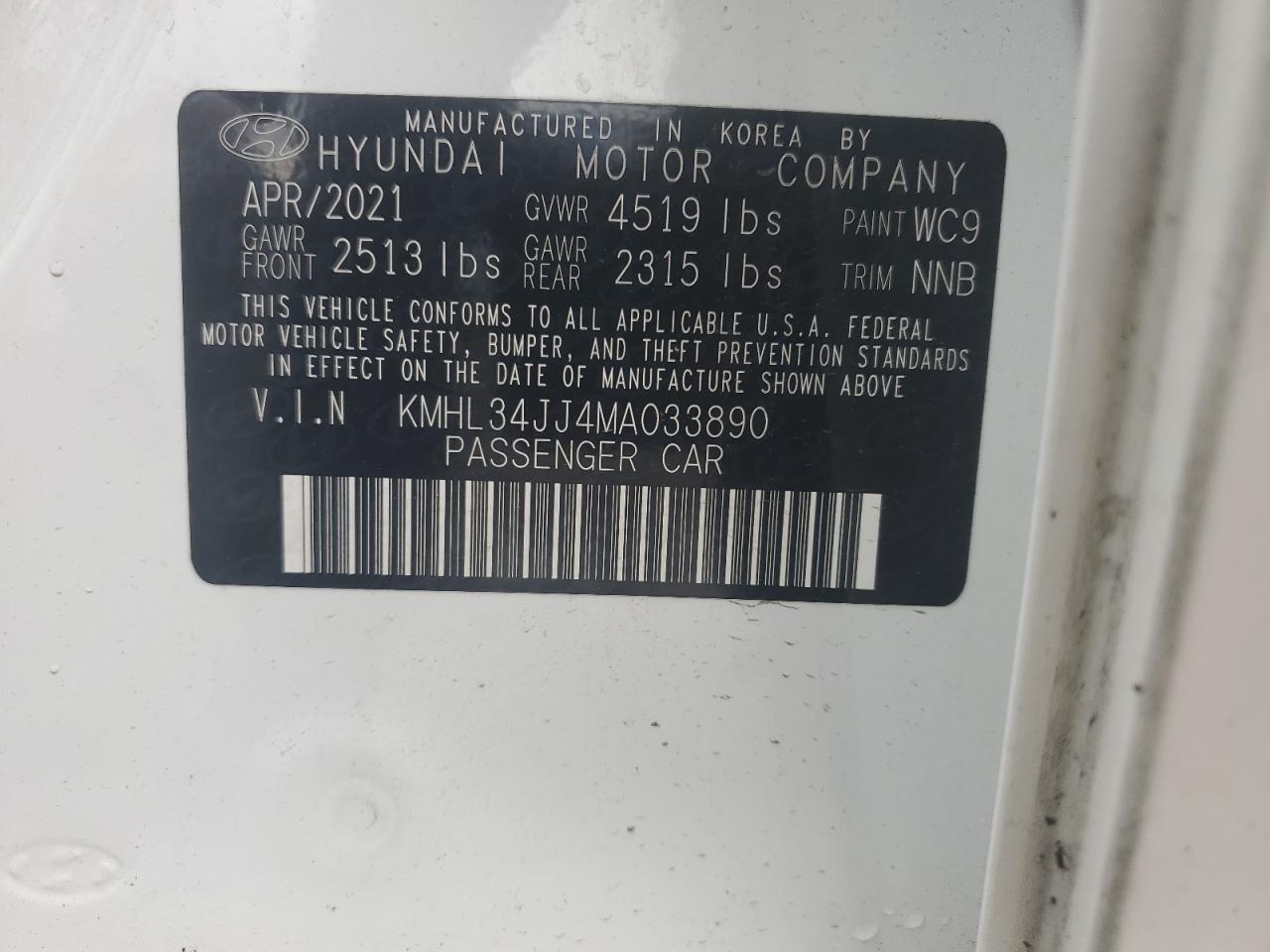 2021 Hyundai Sonata Hybrid VIN: KMHL34JJ4MA033890 Lot: 85086635