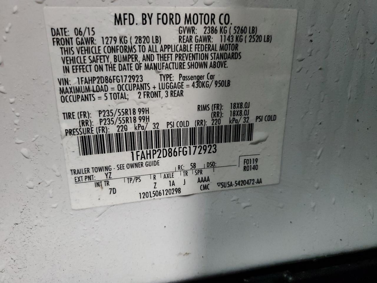 2015 Ford Taurus Se VIN: 1FAHP2D86FG172923 Lot: 86182745