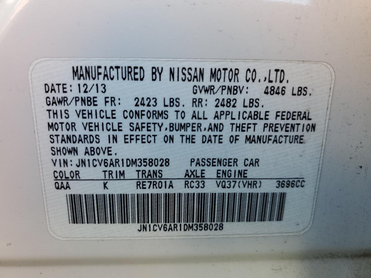 2013 Infiniti G37 VIN: JN1CV6AR1DM358028 Lot: 90931965