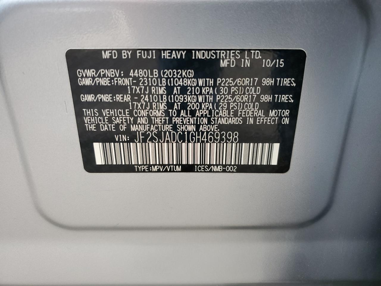 2016 Subaru Forester 2.5I Premium VIN: JF2SJADC1GH469398 Lot: 86319205