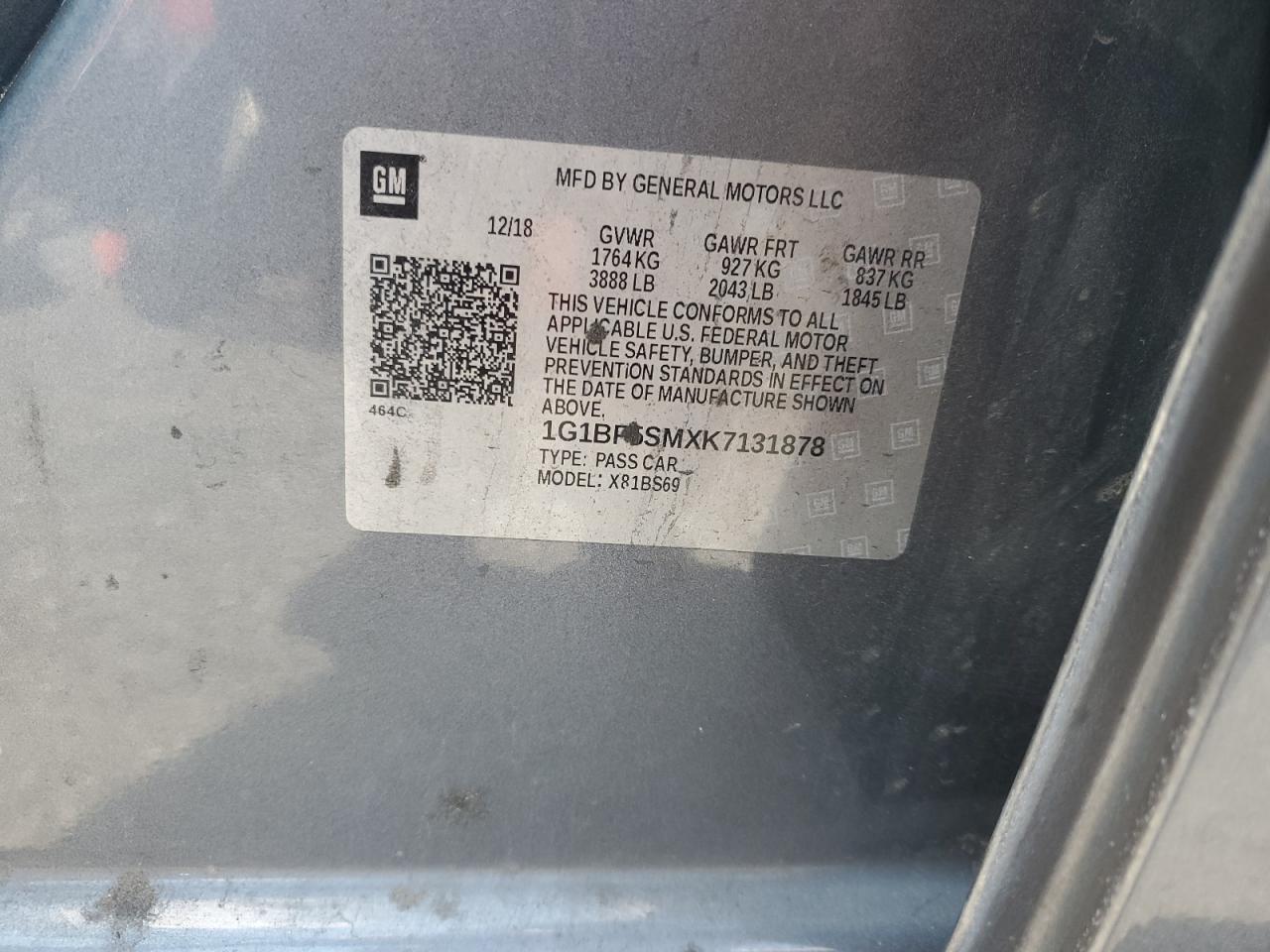 2019 Chevrolet Cruze Premier VIN: 1G1BF5SMXK7131878 Lot: 85690545