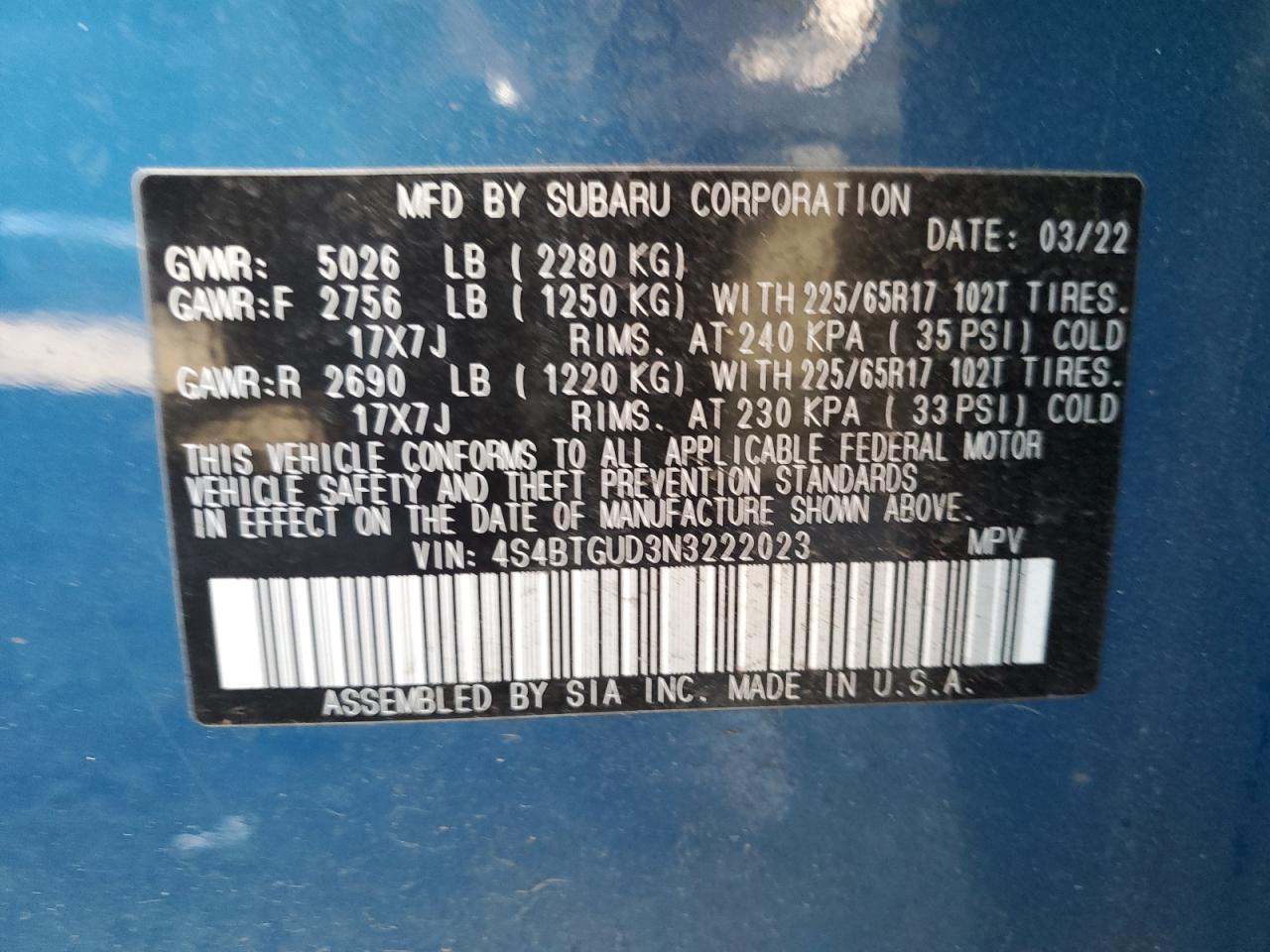 2022 Subaru Outback Wilderness VIN: 4S4BTGUD3N3222023 Lot: 86855465