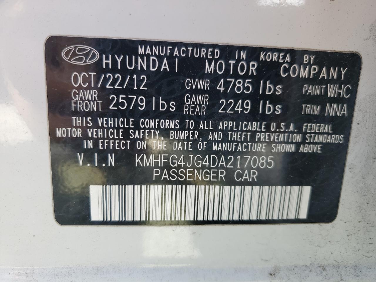2013 Hyundai Azera VIN: KMHFG4JG4DA217085 Lot: 90279505