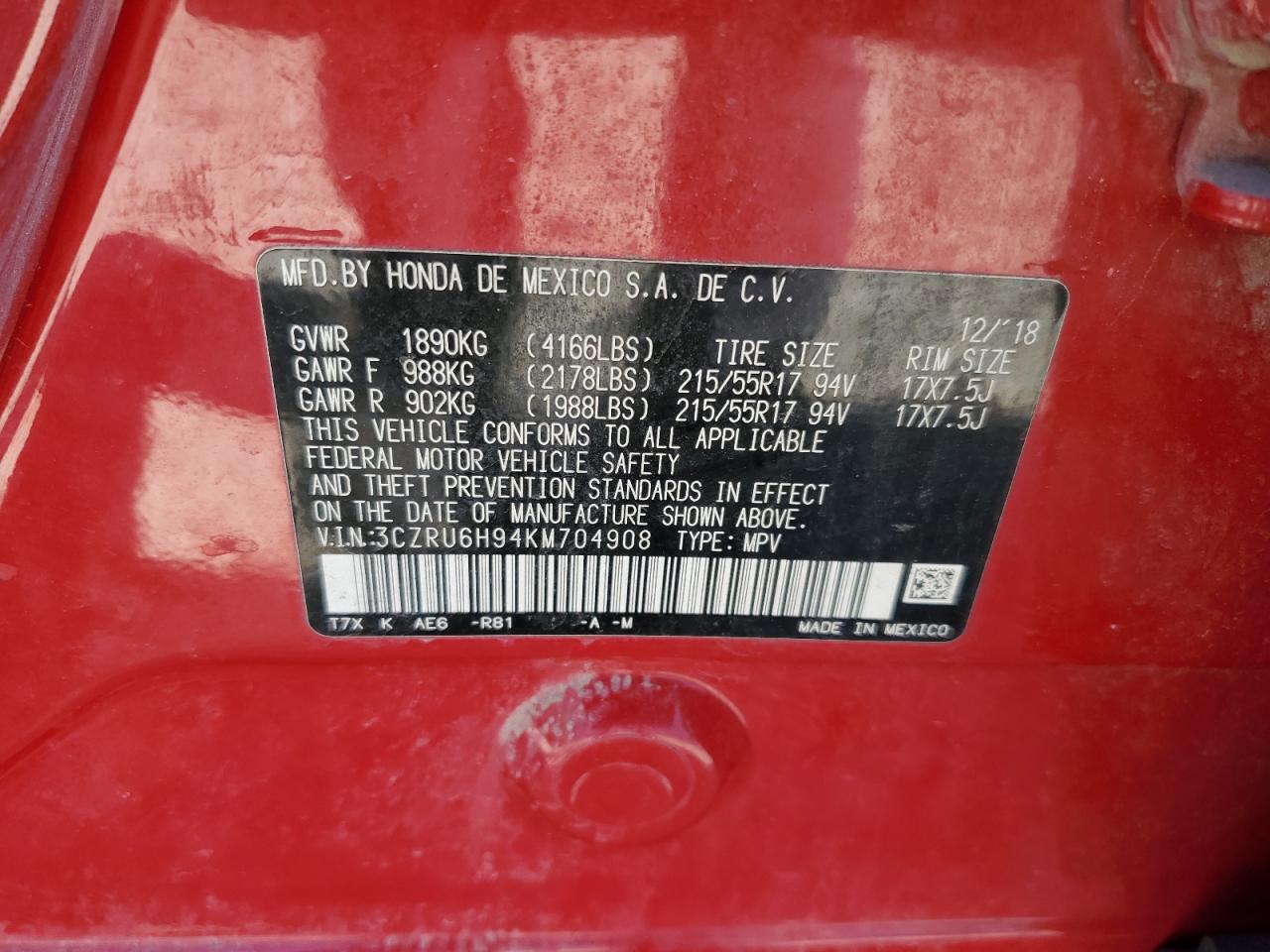 2019 Honda Hr-V Touring VIN: 3CZRU6H94KM704908 Lot: 84833655