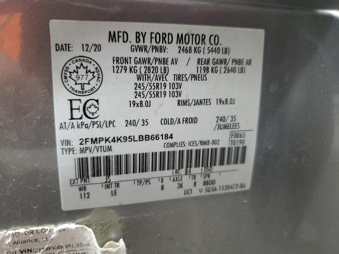 2020 Ford Edge Titanium VIN: 2FMPK4K95LBB66184 Lot: 89708125