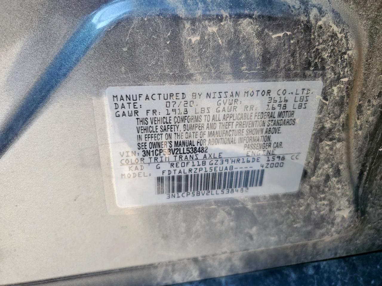 2020 Nissan Kicks S VIN: 3N1CP5BV2LL538482 Lot: 85269985