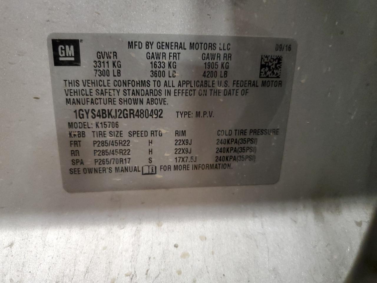 2016 Cadillac Escalade Luxury VIN: 1GYS4BKJ2GR480492 Lot: 84654325