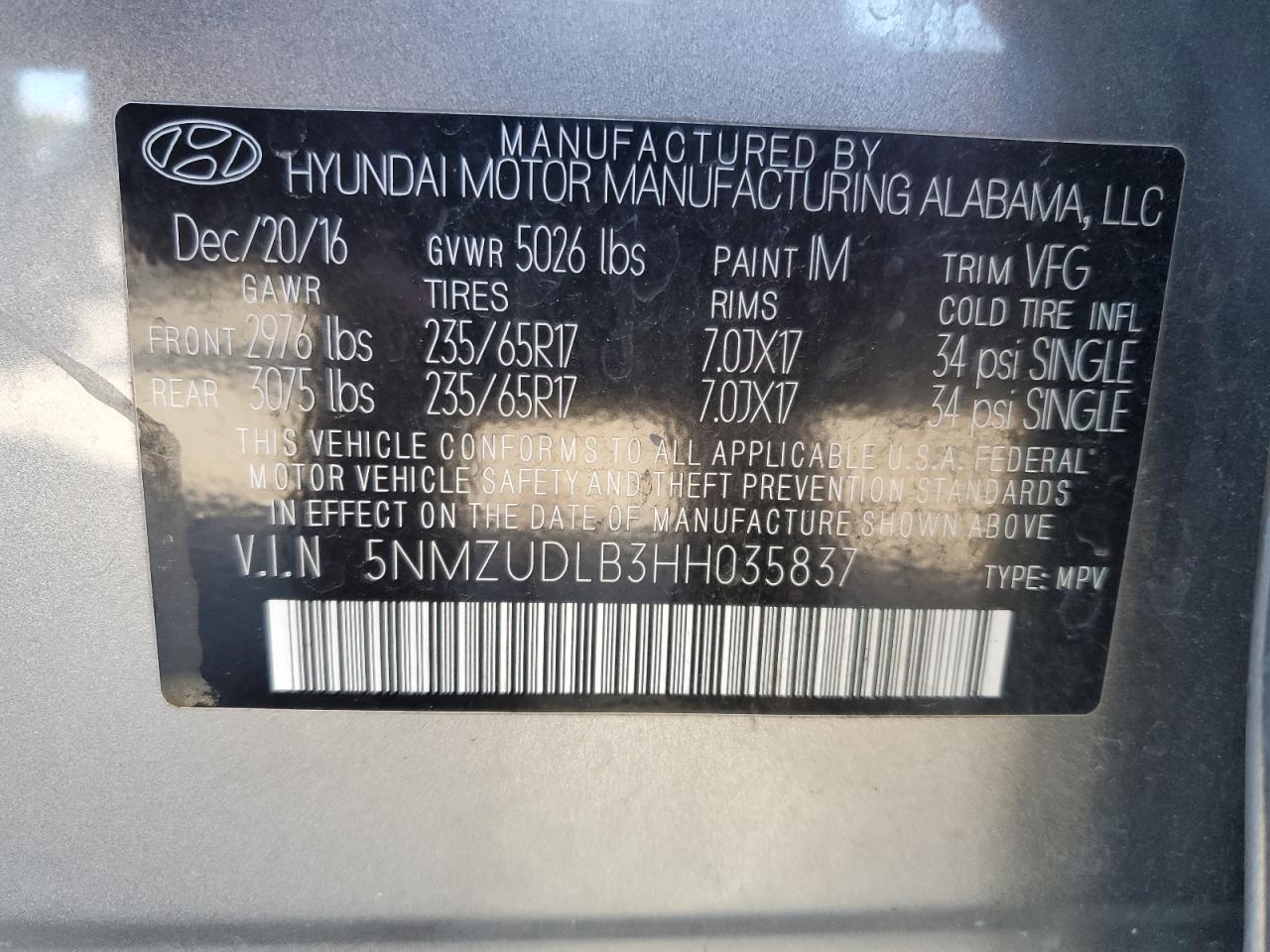 2017 Hyundai Santa Fe Sport VIN: 5NMZUDLB3HH035837 Lot: 85316375