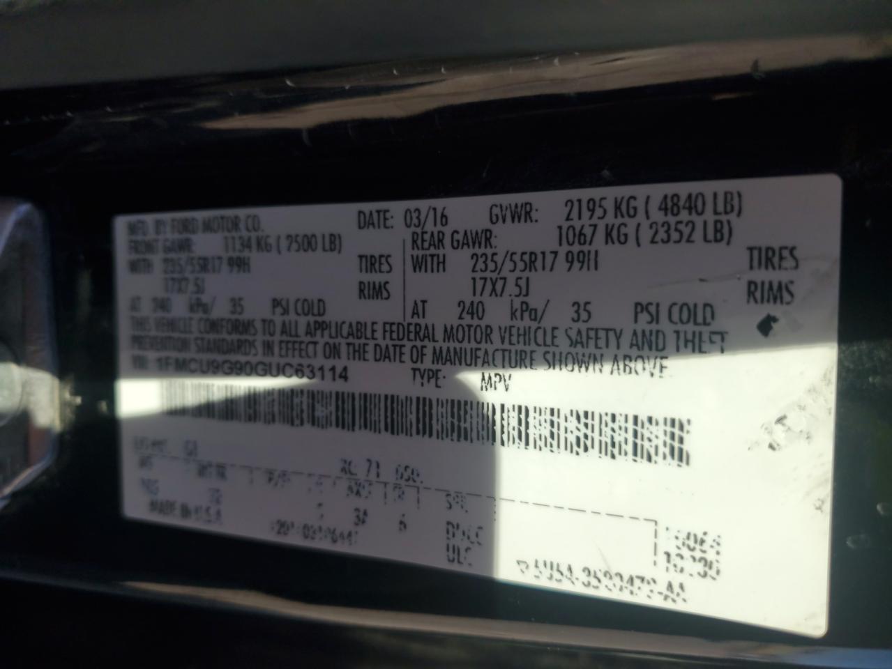 2016 Ford Escape Se VIN: 1FMCU9G90GUC63114 Lot: 87007035