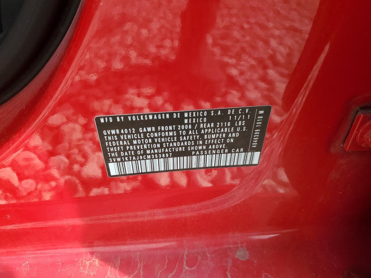 2012 Volkswagen Jetta Base VIN: 3VW1K7AJ9CM353897 Lot: 85684205