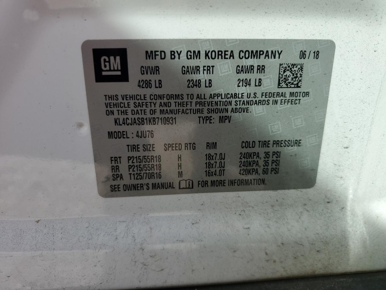 2019 Buick Encore Preferred VIN: KL4CJASB1KB710931 Lot: 82294115