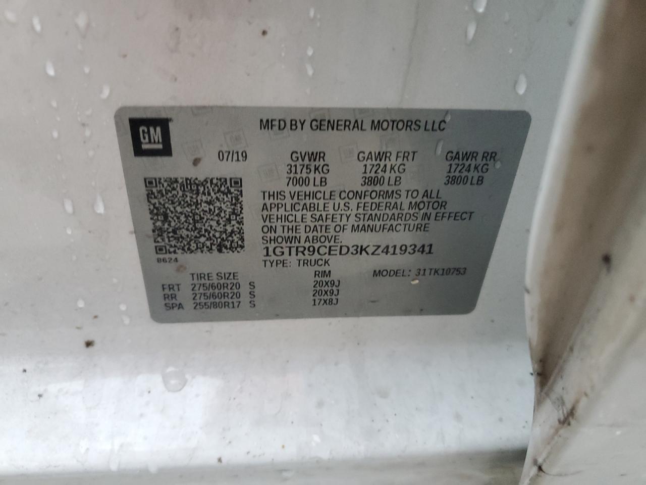 2019 GMC Sierra K1500 Elevation VIN: 1GTR9CED3KZ419341 Lot: 90636745