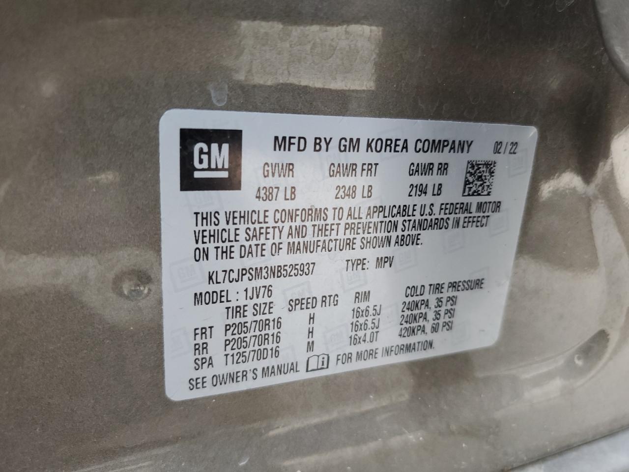 2022 Chevrolet Trax 1Lt VIN: KL7CJPSM3NB525937 Lot: 86879495