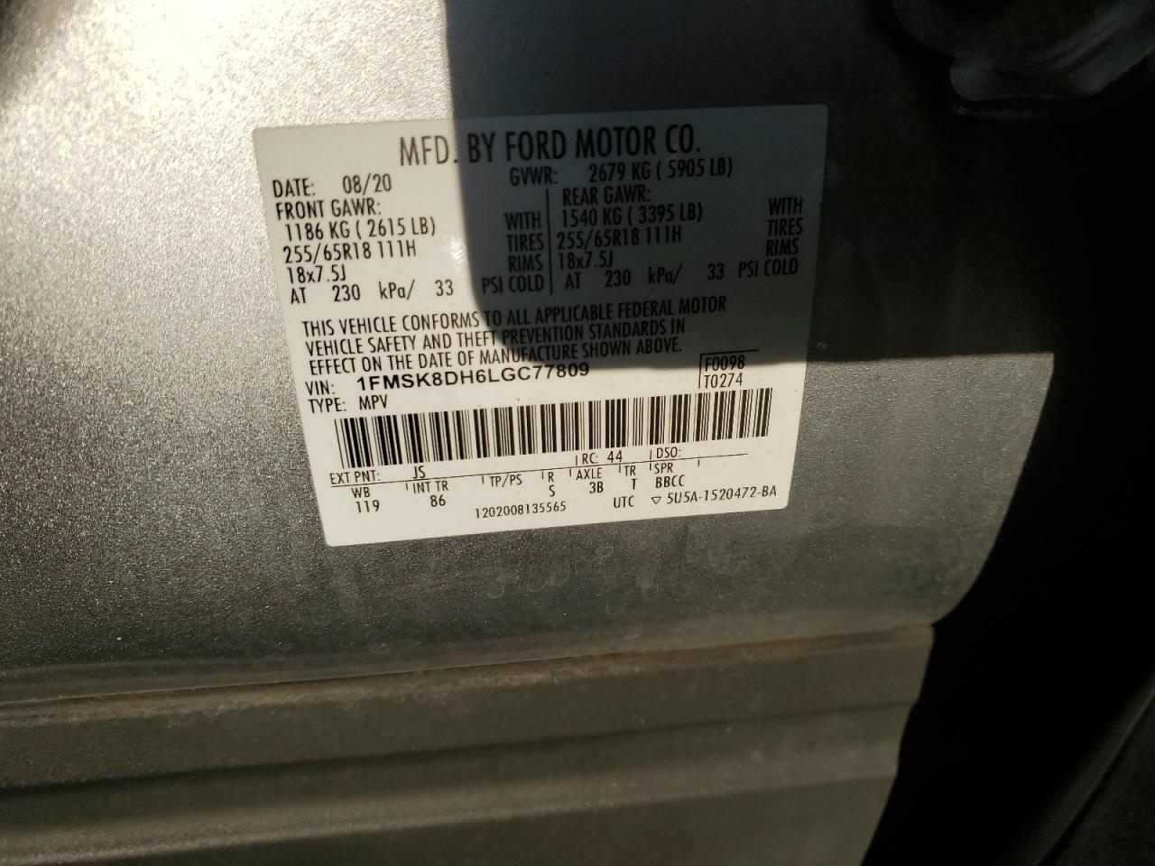 2020 Ford Explorer Xlt VIN: 1FMSK8DH6LGC77809 Lot: 82342005