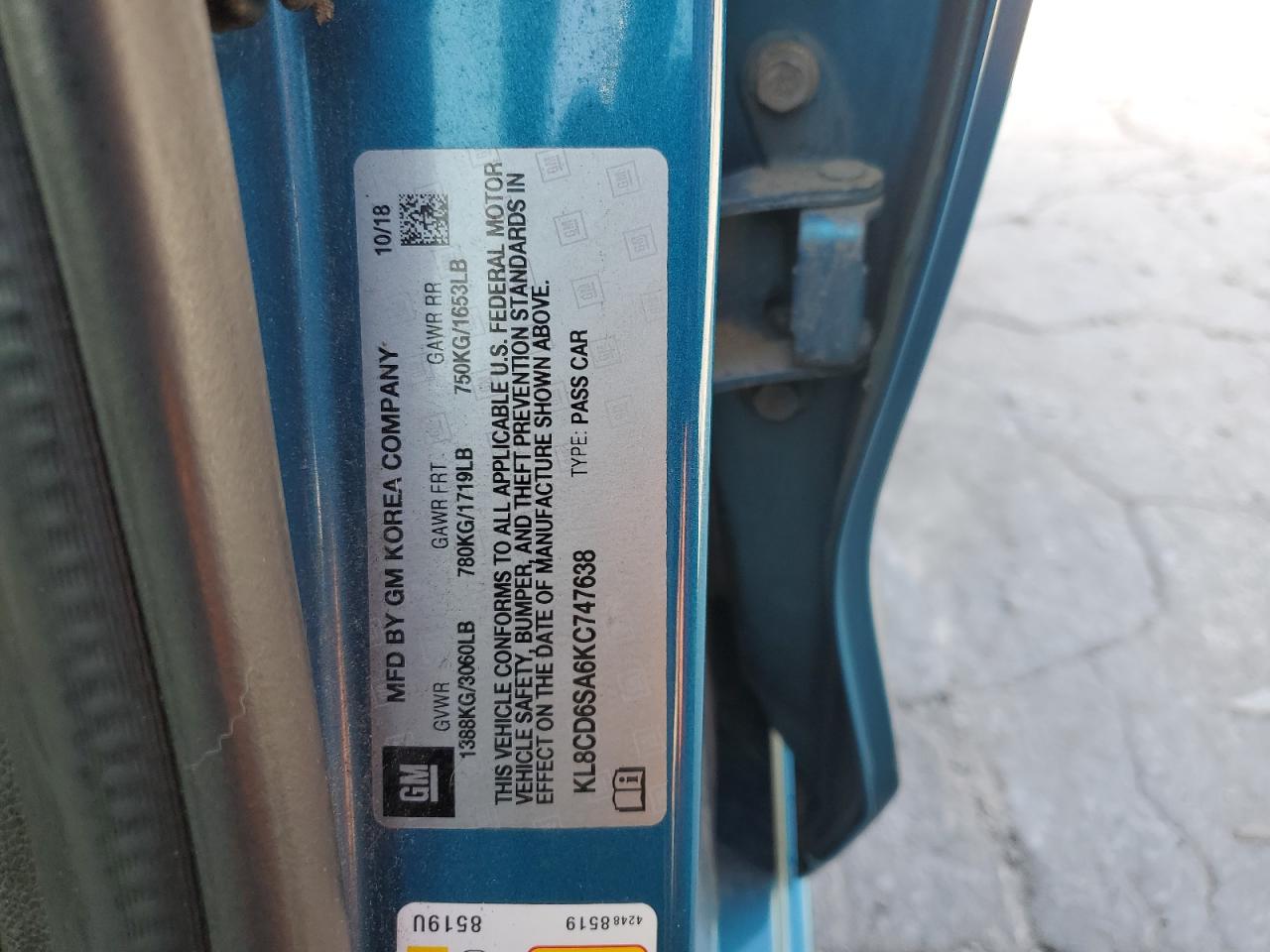 2019 Chevrolet Spark 1Lt VIN: KL8CD6SA6KC747638 Lot: 84755805