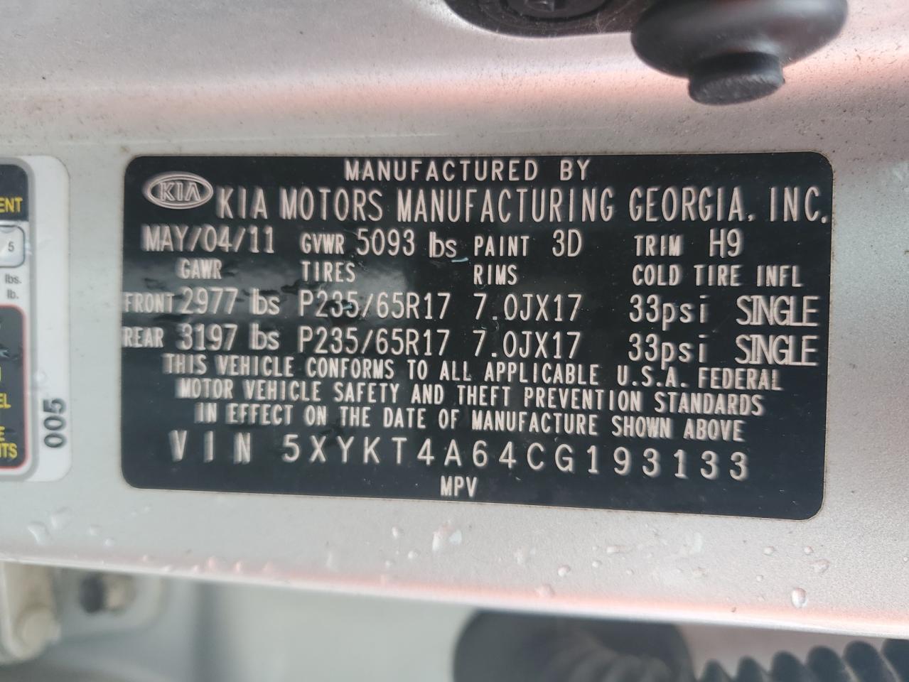 2012 Kia Sorento Base VIN: 5XYKT4A64CG193133 Lot: 82291775