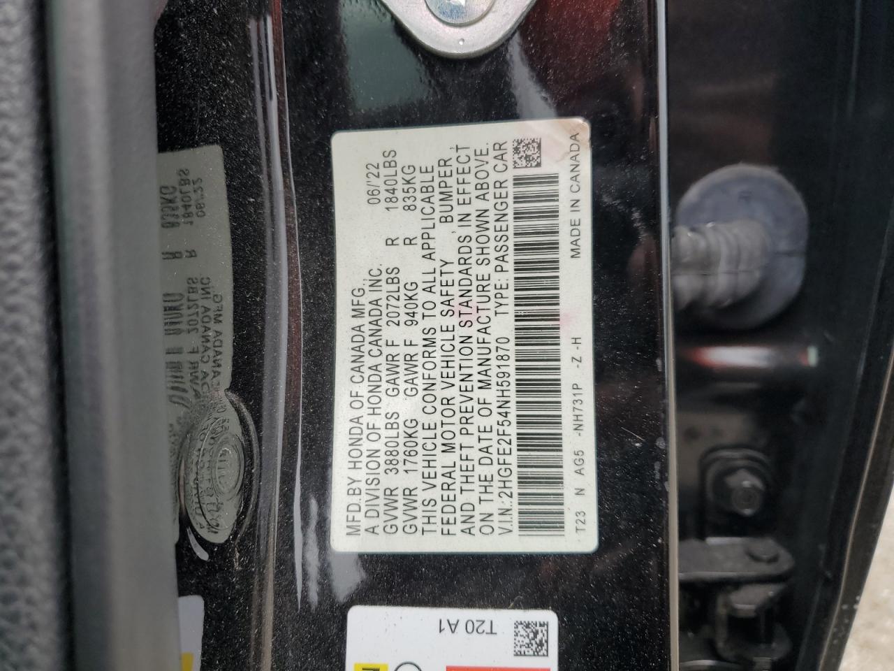 2022 Honda Civic Sport VIN: 2HGFE2F54NH591870 Lot: 85711565