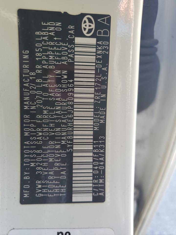 2018 Toyota Corolla L VIN: 5YFBURHE6JP809964 Lot: 86435775