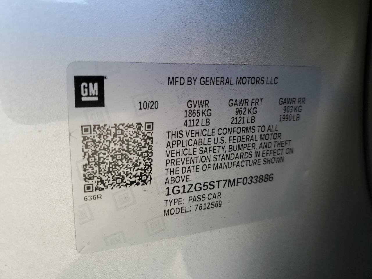 2021 Chevrolet Malibu Rs VIN: 1G1ZG5ST7MF033886 Lot: 82664685