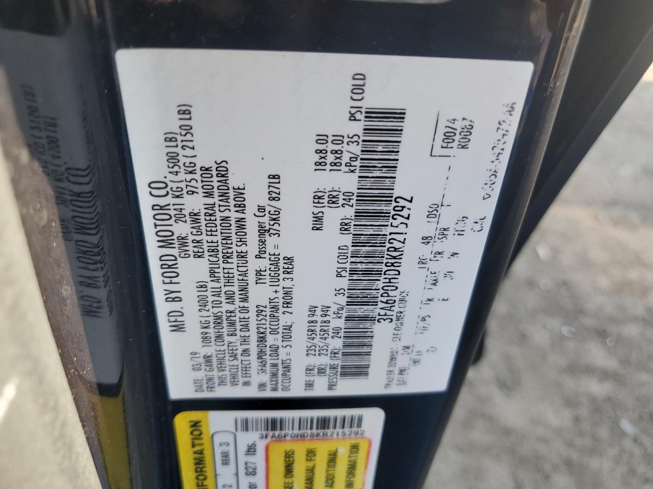 2019 Ford Fusion Se VIN: 3FA6P0HD8KR215292 Lot: 86526935