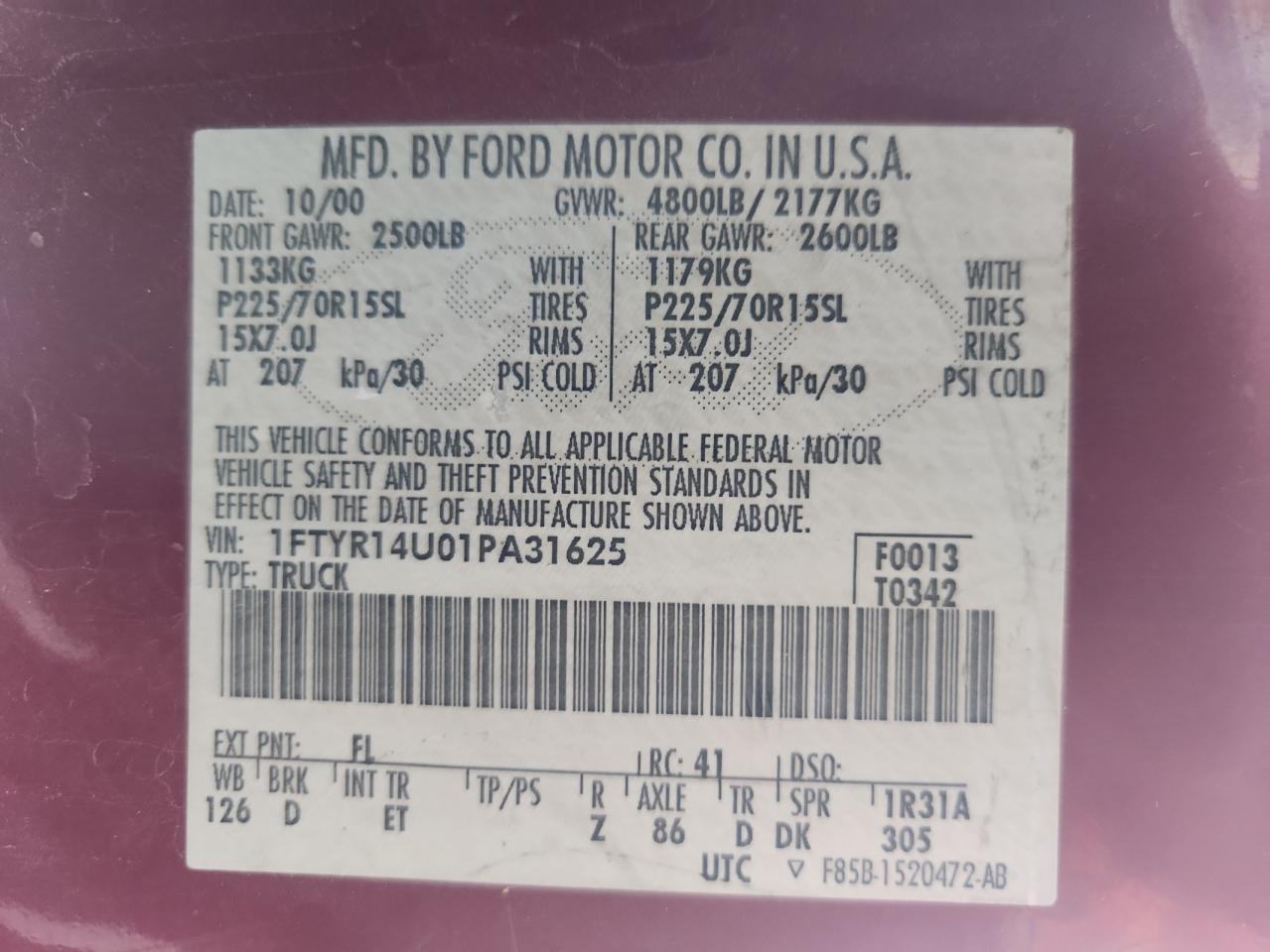 2001 Ford Ranger Super Cab VIN: 1FTYR14U01PA31625 Lot: 82525535