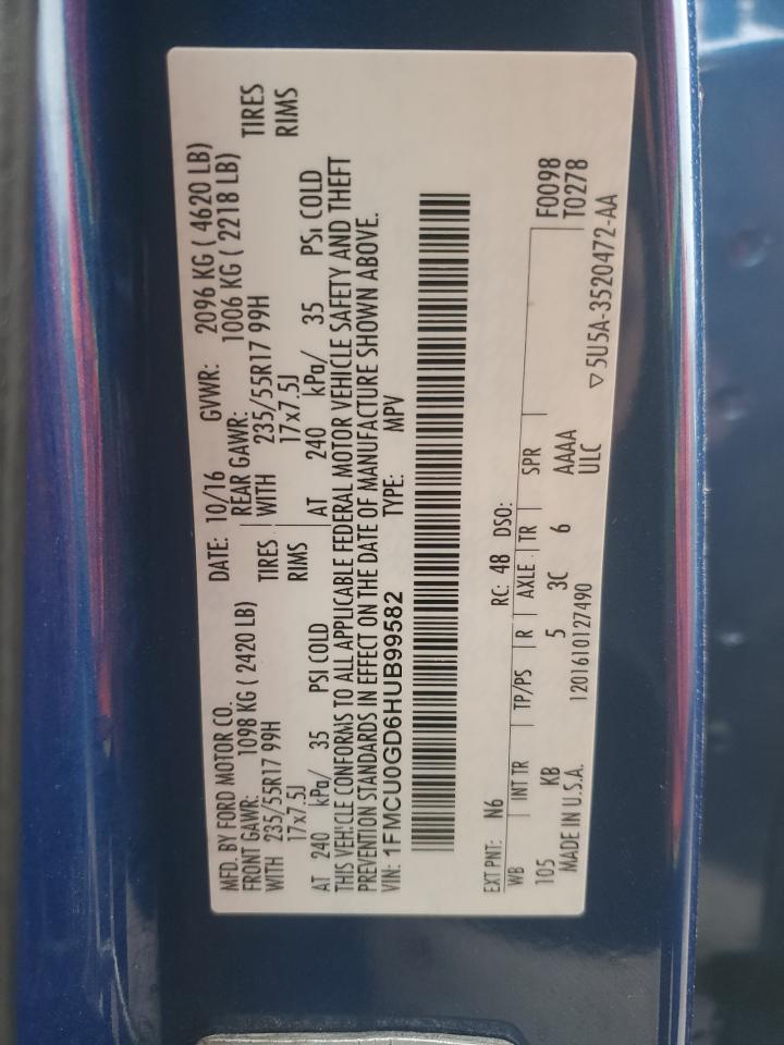 2017 Ford Escape Se VIN: 1FMCU0GD6HUB99582 Lot: 89511525