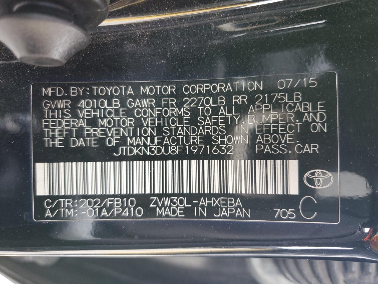 2015 Toyota Prius VIN: JTDKN3DU8F1971632 Lot: 86169935