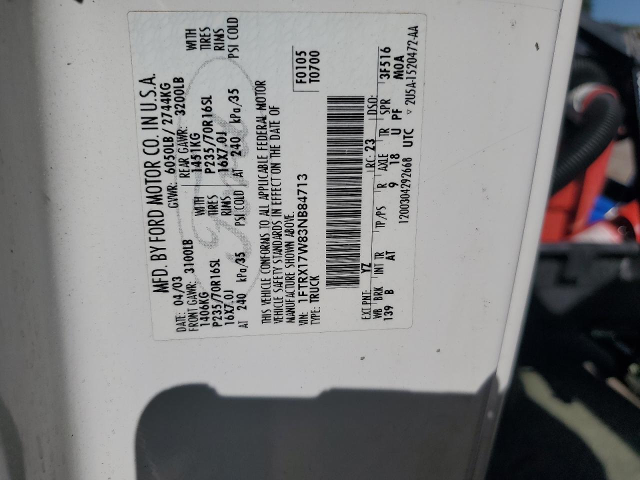 2003 Ford F150 VIN: 1FTRX17W83NB84713 Lot: 85822005