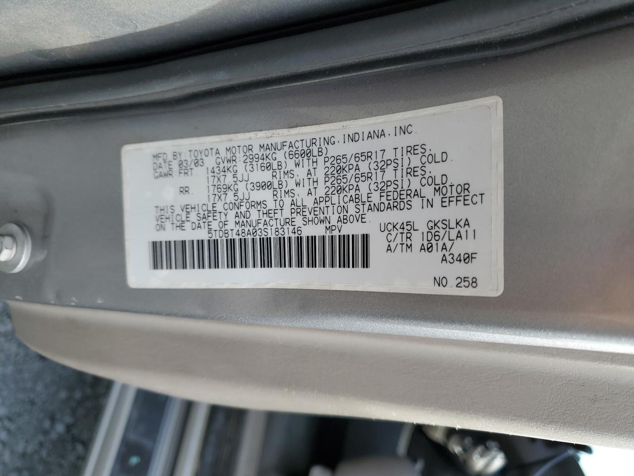 2003 Toyota Sequoia Limited VIN: 5TDBT48A03S183146 Lot: 85592485